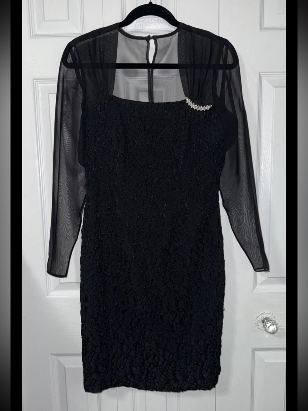 Karen Lucas Black Lace Long Sleeve Sheath Dress with Rhinestone Accent